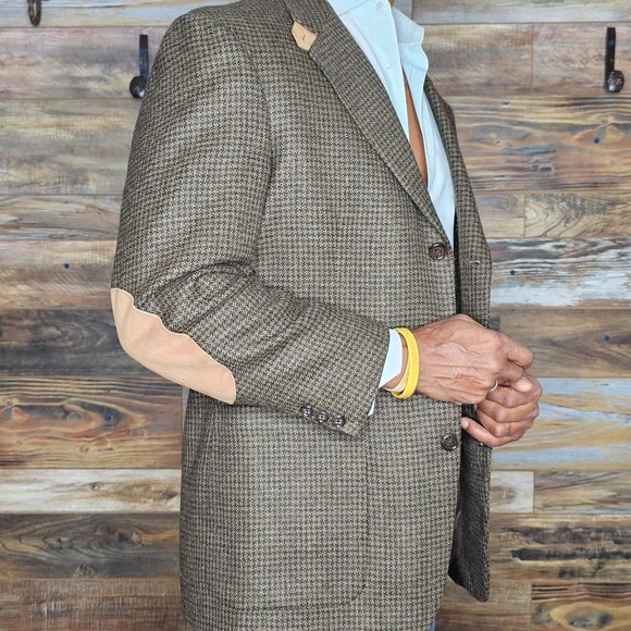 Vintage Evan Picone Wool Blend Brown Geometric Elbow Patches Blazer Jacket 41R - Picture 9 of 10